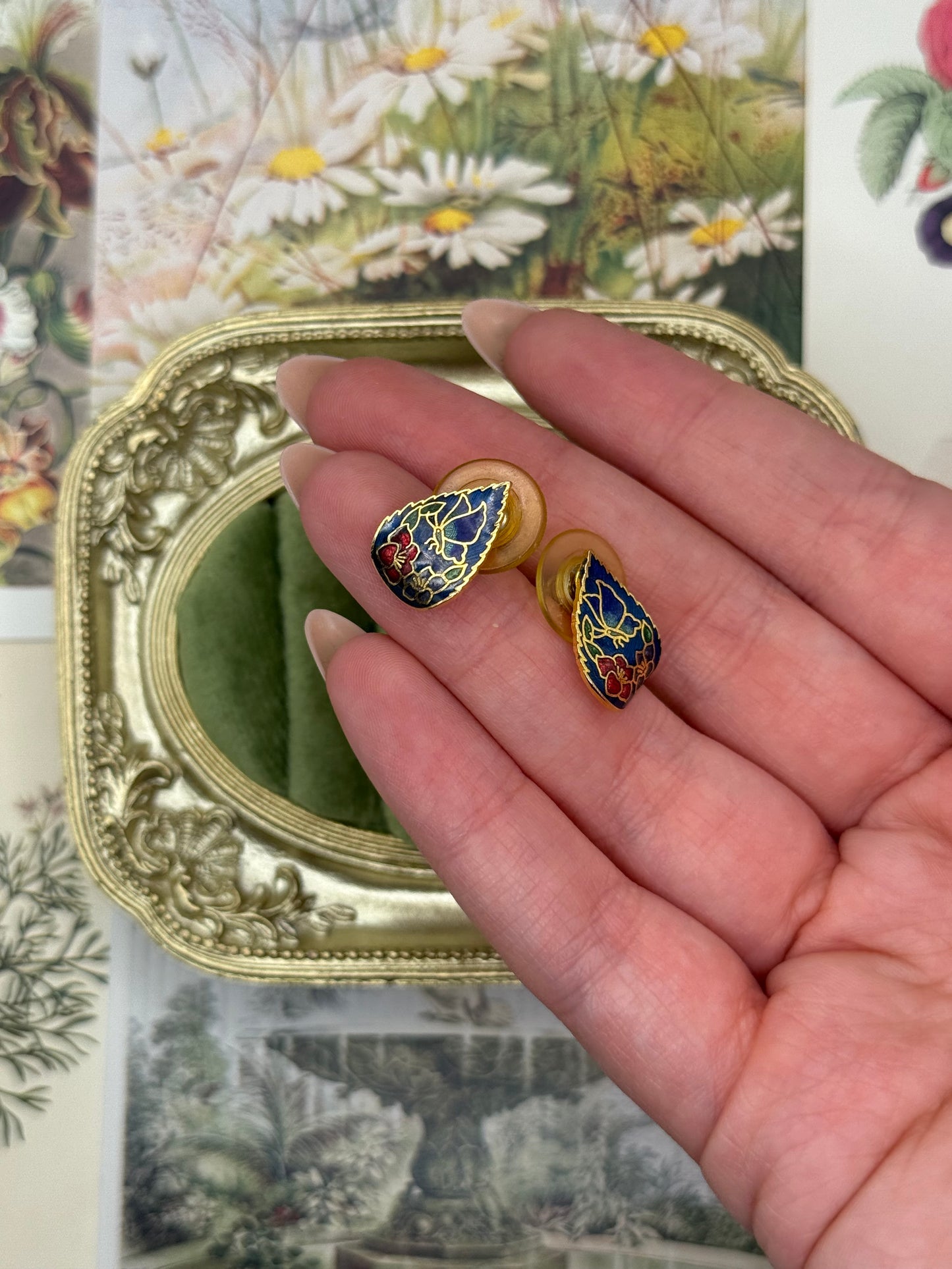 Vintage Gold Tone Cloisonne Stud Earrings