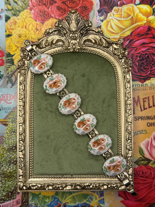 Vintage Gold Tone Floral Painted Bracelet 7.25”