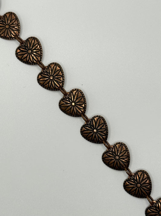 copper tone etched heart bracelet