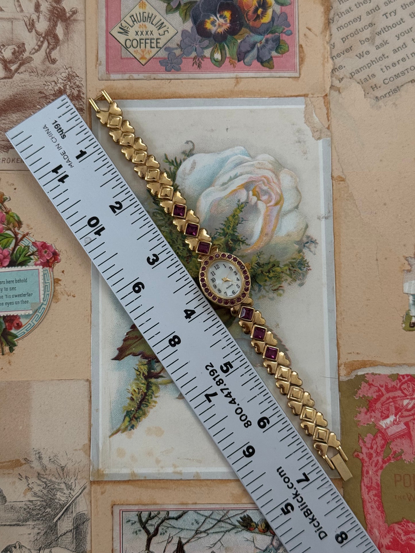 gold tone vintage dainty purple stone watch