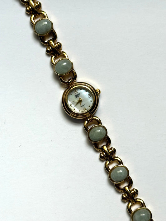 working gold tone green jade gemstone watch