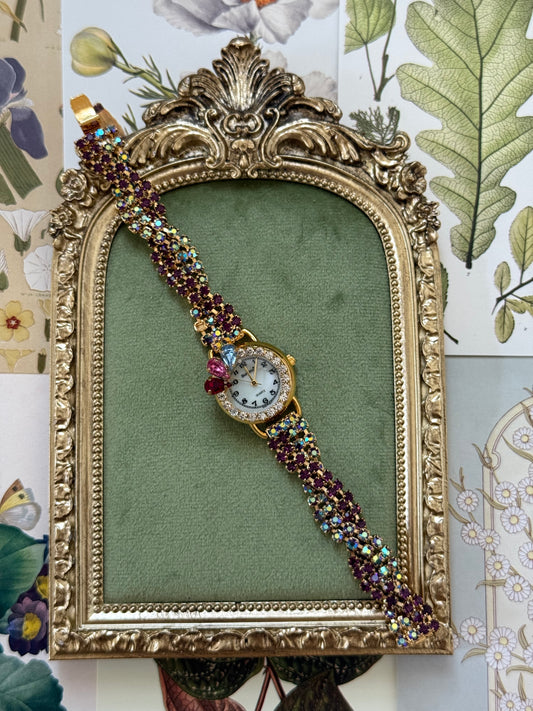 Working Vintage Gold Tone Gemstone Watch