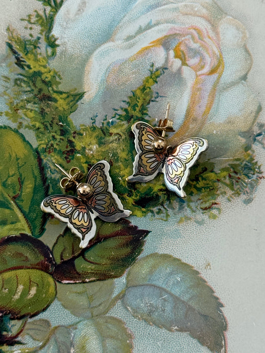 damascene two tone butterfly earrings