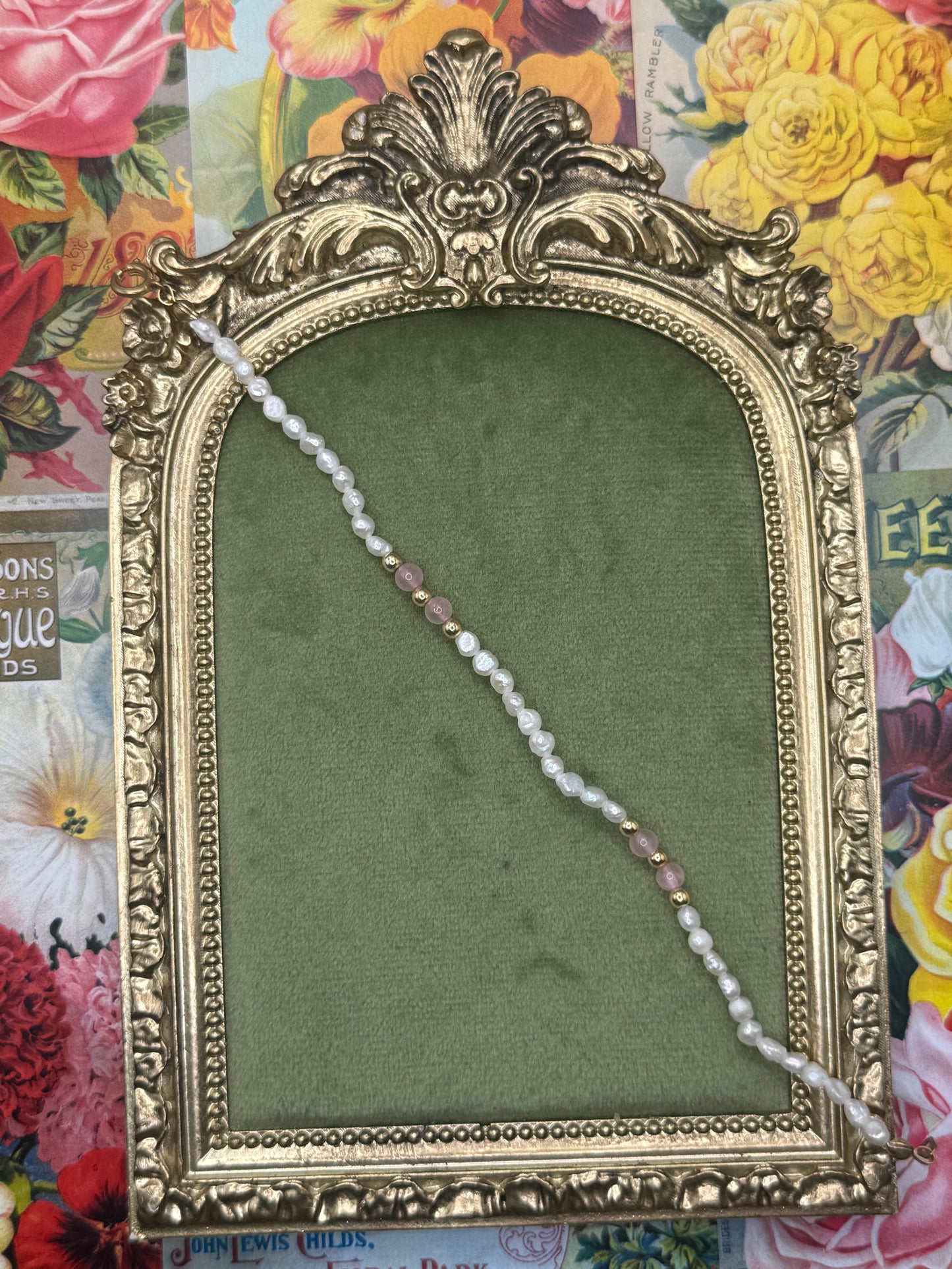 Vintage Gold Tone Pink & Pearl Bracelet 7”