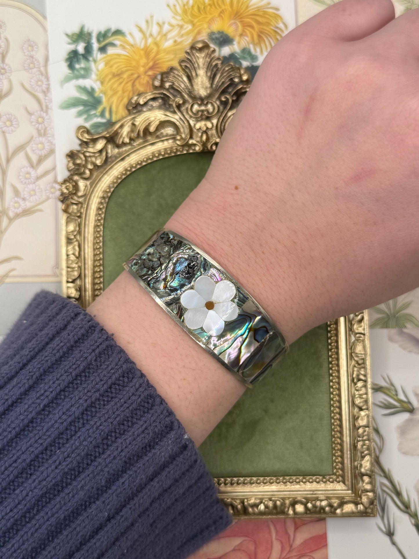 Vintage Silver Tone Abalone Inlay Bracelet