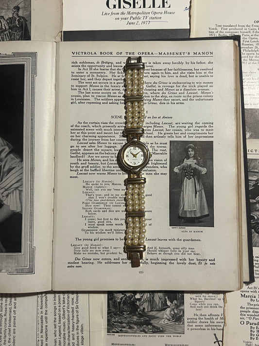 gold tone three strand pearl watch