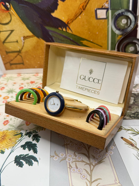Working Vintage Gold Tone Gucci Bezel Watch With Box & Papers