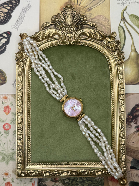 Working Vintage Gold Tone Pink Dial Pearl Watch