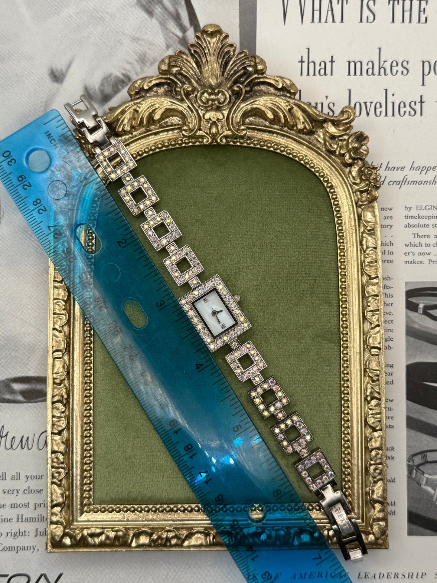 Working Vintage Silver Tone Gemstone Watch