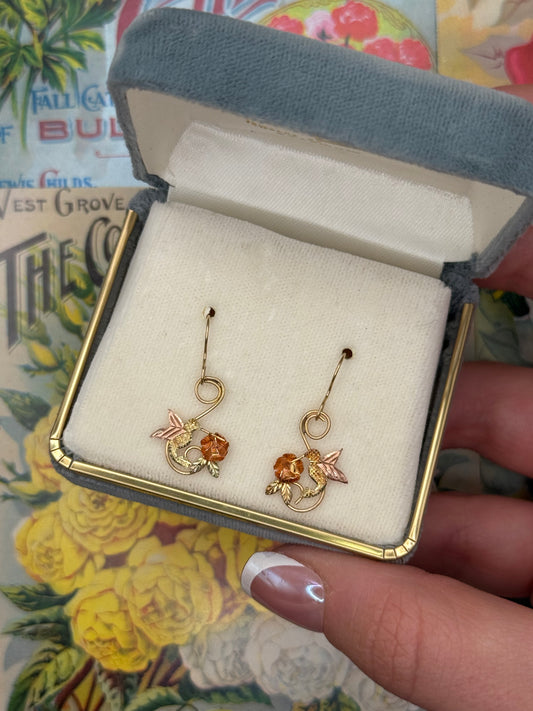 Vintage 10k Gold with 12k Gold Accents Black Hills Gold Hummingbird Earrings 1”