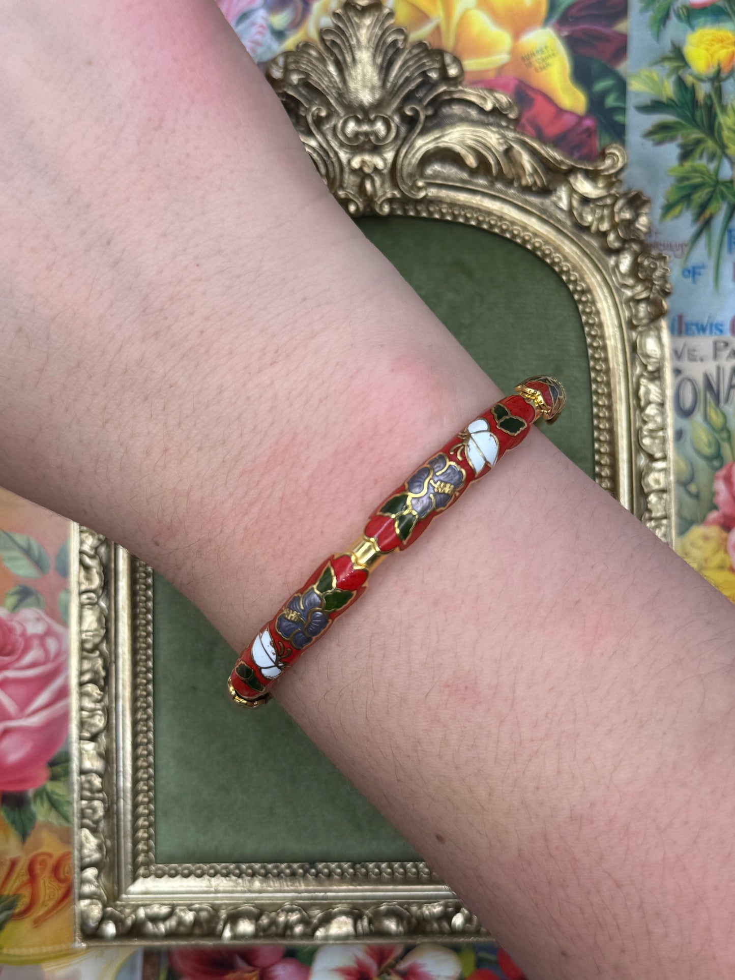 Vintage Gold Tone Enameled Cloisonne Bangle 8”