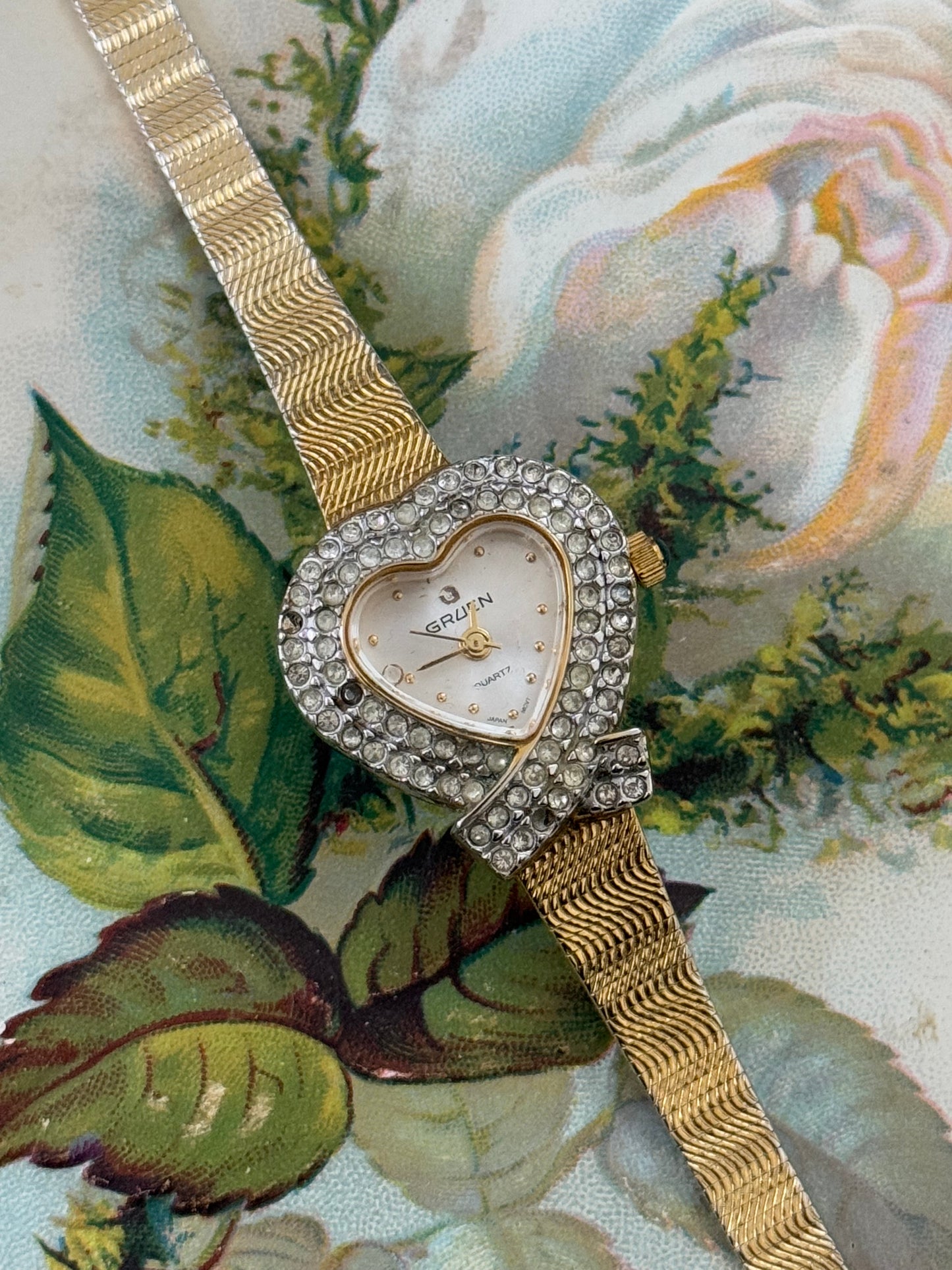 gruen gold tone vintage heart rhinestone dial watch