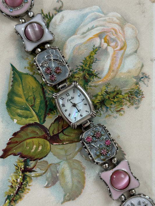 working silver tone pink charm gemstone watch