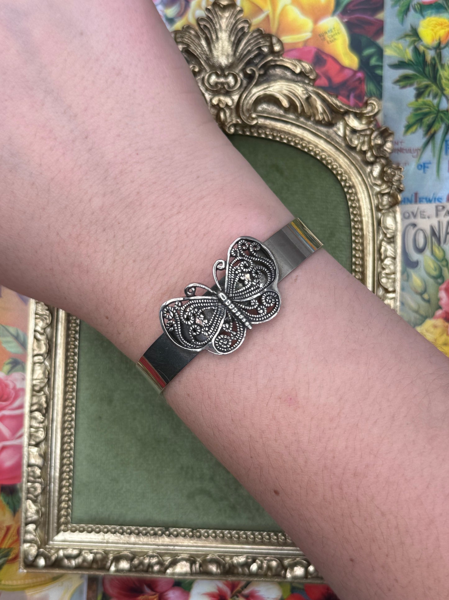 Vintage Silver Tone Adjustable Butterfly Cuff Bracelet