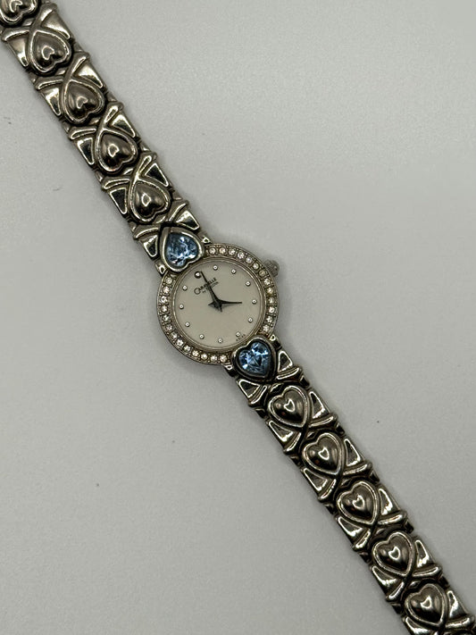 working silver tone blue heart gemstone watch