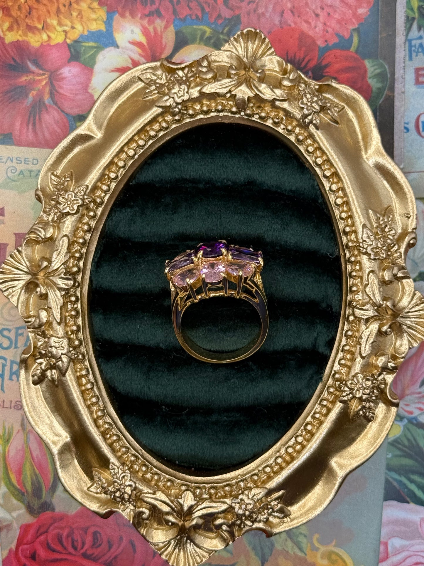 Vintage Gold Tone Old Stock Gemstone Ring Size 7