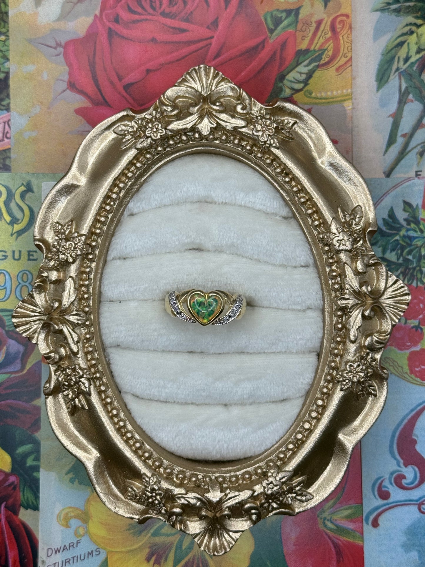 Vintage Gold Tone Faux Opal Heart Ring Size 5