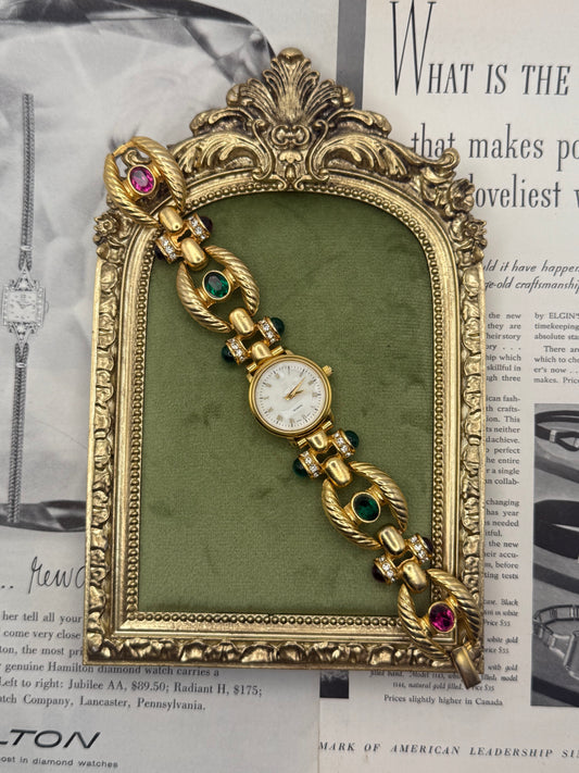 Working Vintage Gold Tone Gemstone Watch