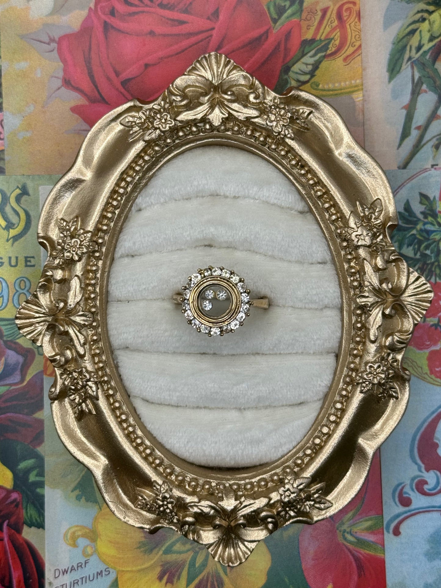 Vintage Gold Tone Floating Crystal Ring Size 9