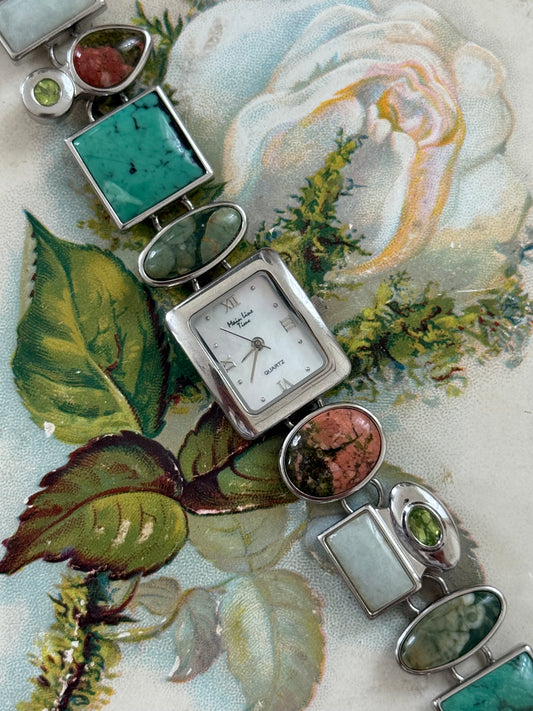 working silver tone intricate gemstone band watch