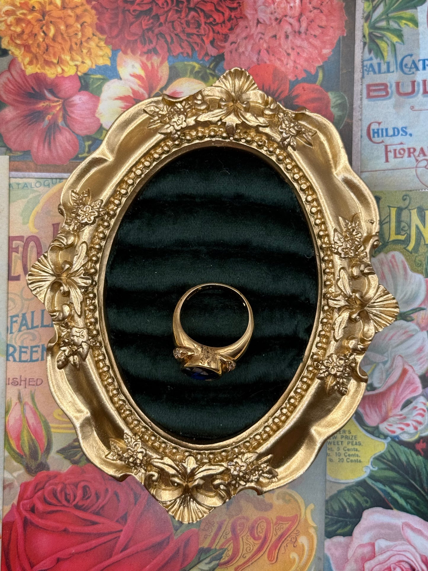 Vintage Gold Tone Old Stock Blue Bezel Ring Size 7