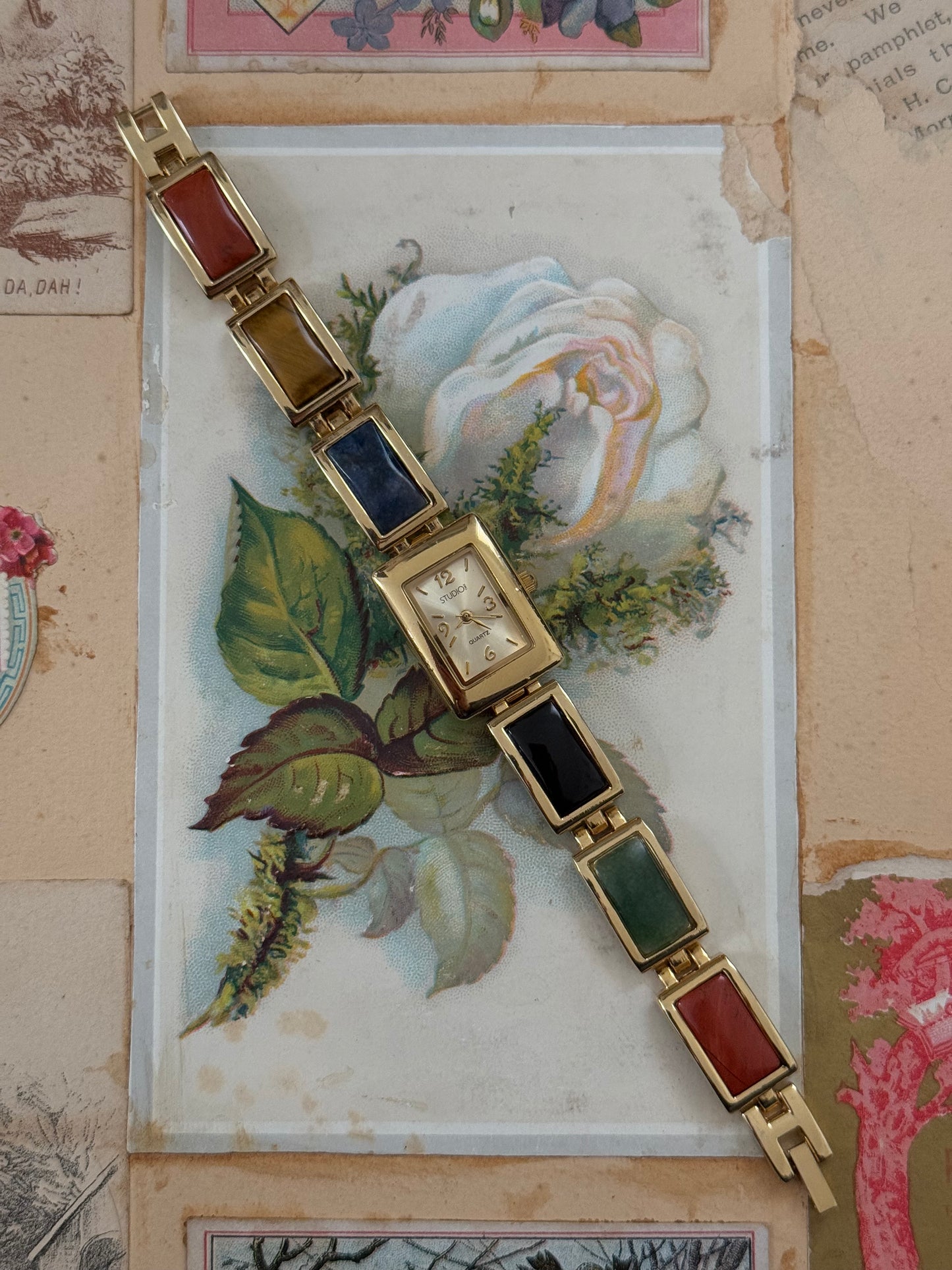 gold tone vintage semiprecious stone style egyptian revival watch