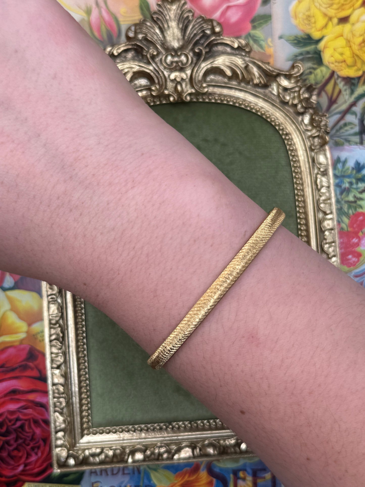 Vintage Gold Tone Thin Textured Bangle 7.75”
