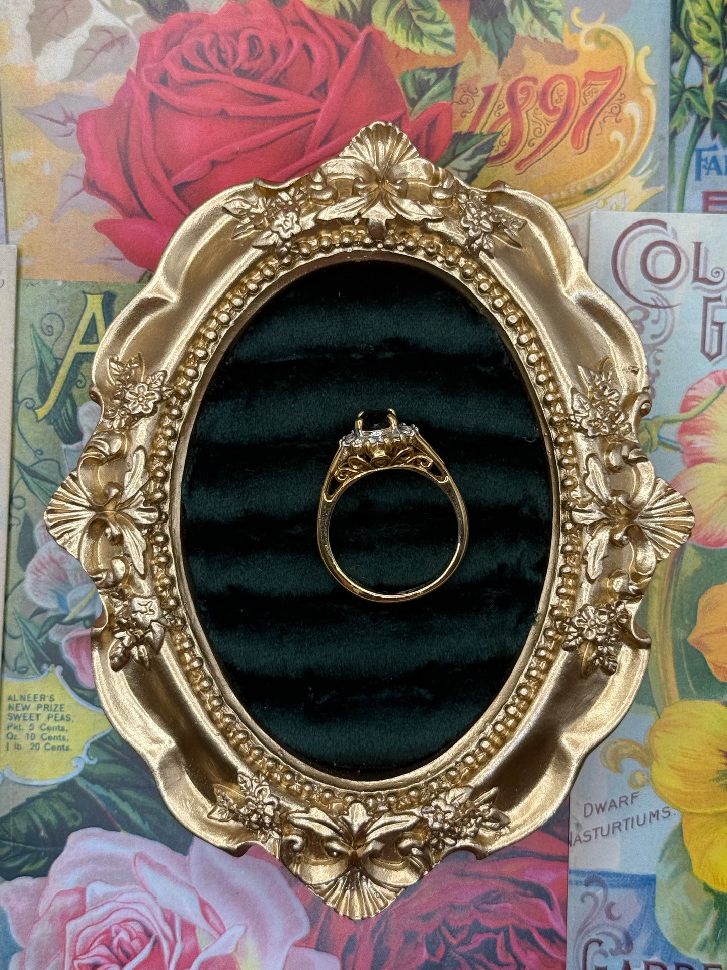Vintage Gold Tone Blue Stone Ring Size 9