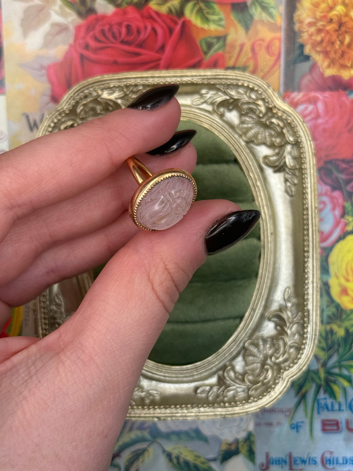 Vintage Gold Tone Pink Scarab Ring Size 5.75