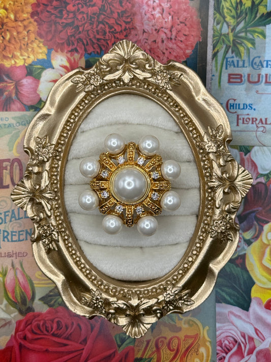 Vintage Gold Tone Chunky Pearl Ring Size 10