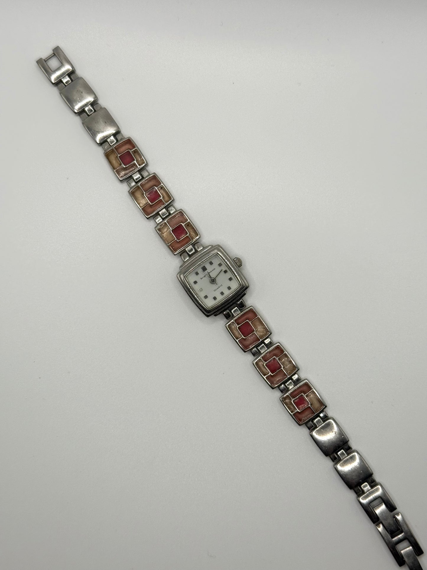 working silver tone stained glsss style watch