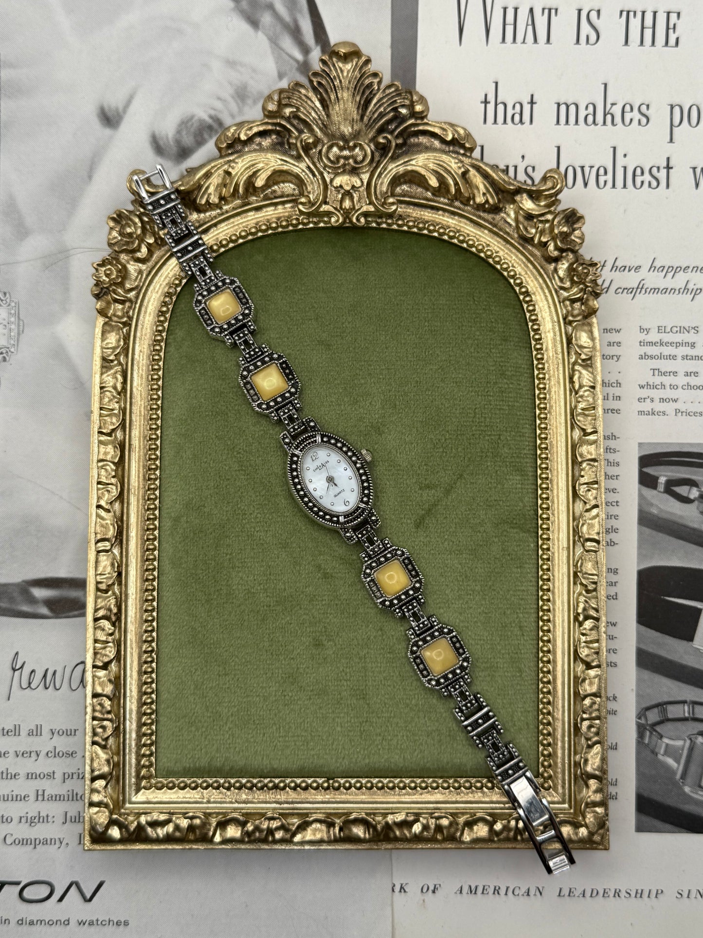 Working Vintage Silver Tone Gemstone Watch