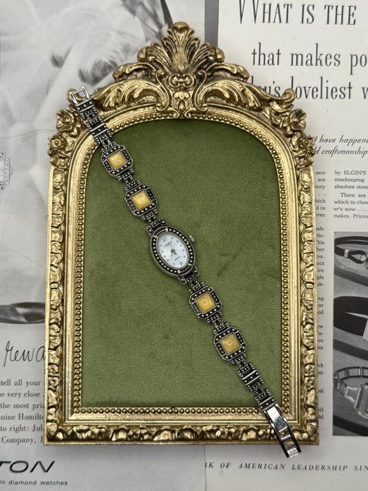 Working Vintage Silver Tone Gemstone Watch