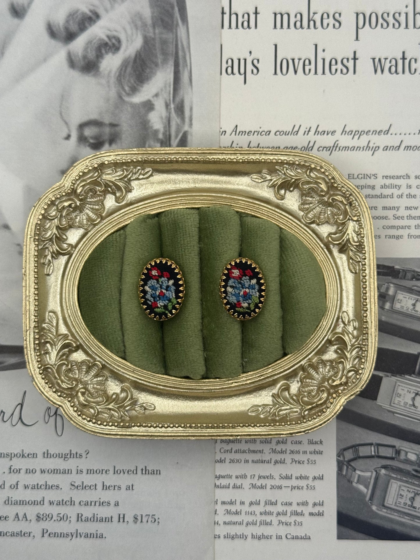 Vintage Gold Tone Needlepoint Clip on  Earrings