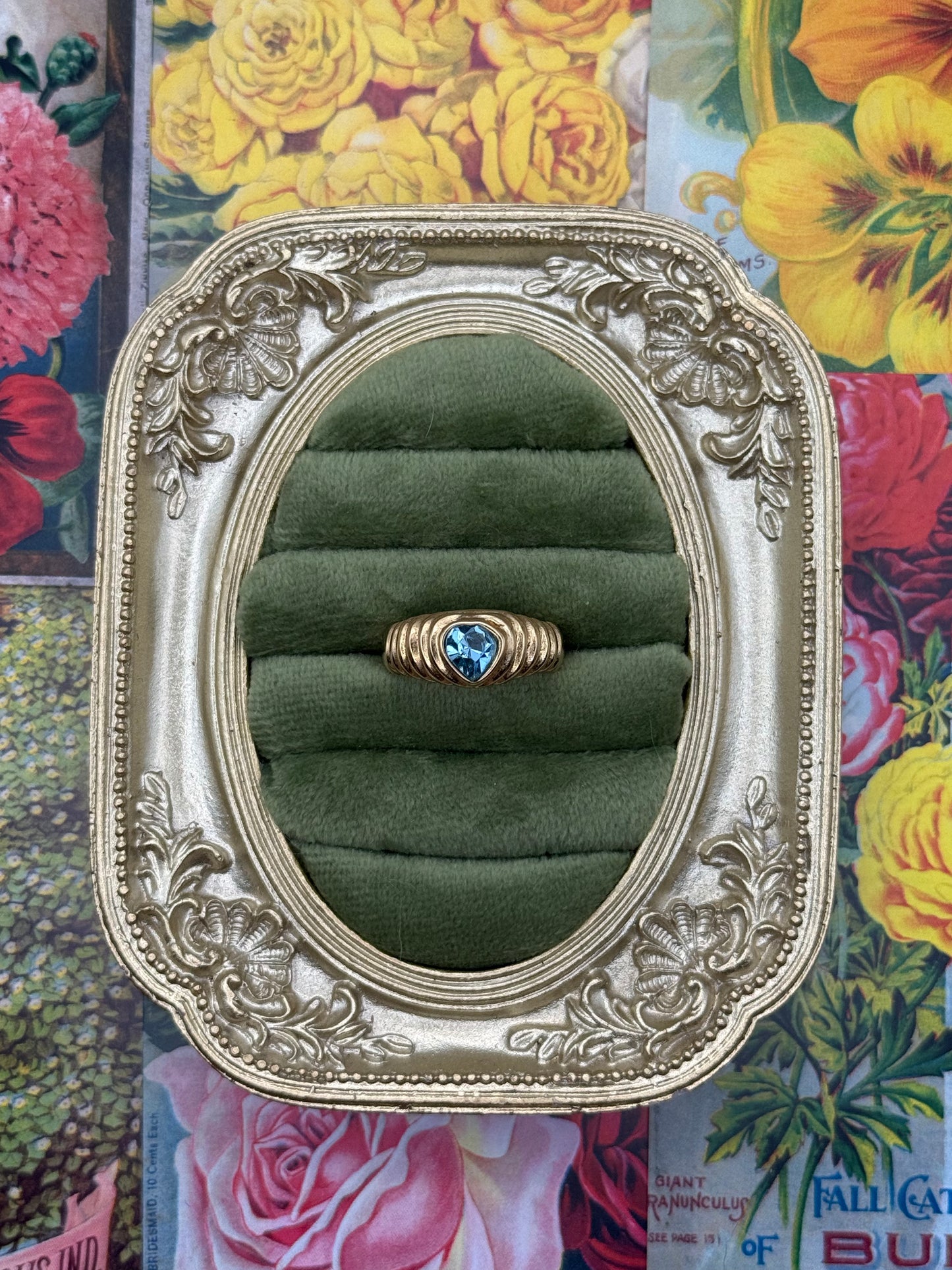 Vintage Gold Tone Old Stock Blue Stone Ring Size 8