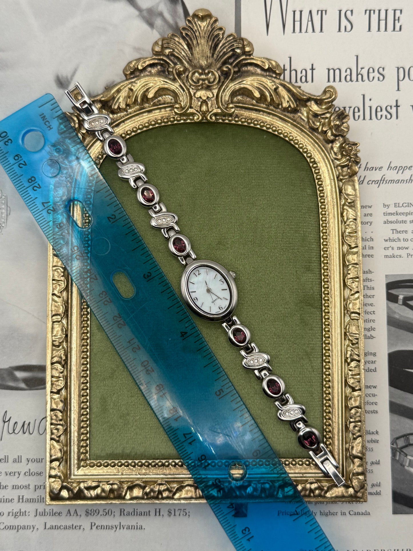 Working Vintage Silver Tone Gemstone Watch