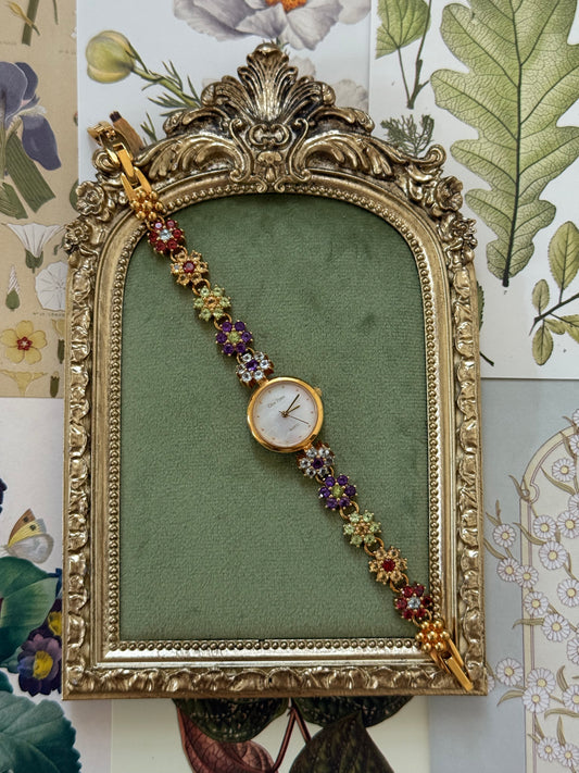 Working Vintage Gold Tone Gemstone Watch