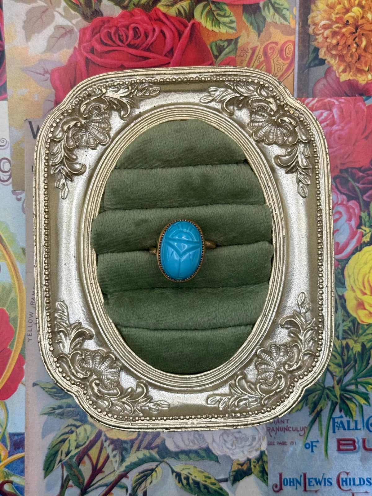 Vintage Gold Tone Blue Scarab Ring Size 6