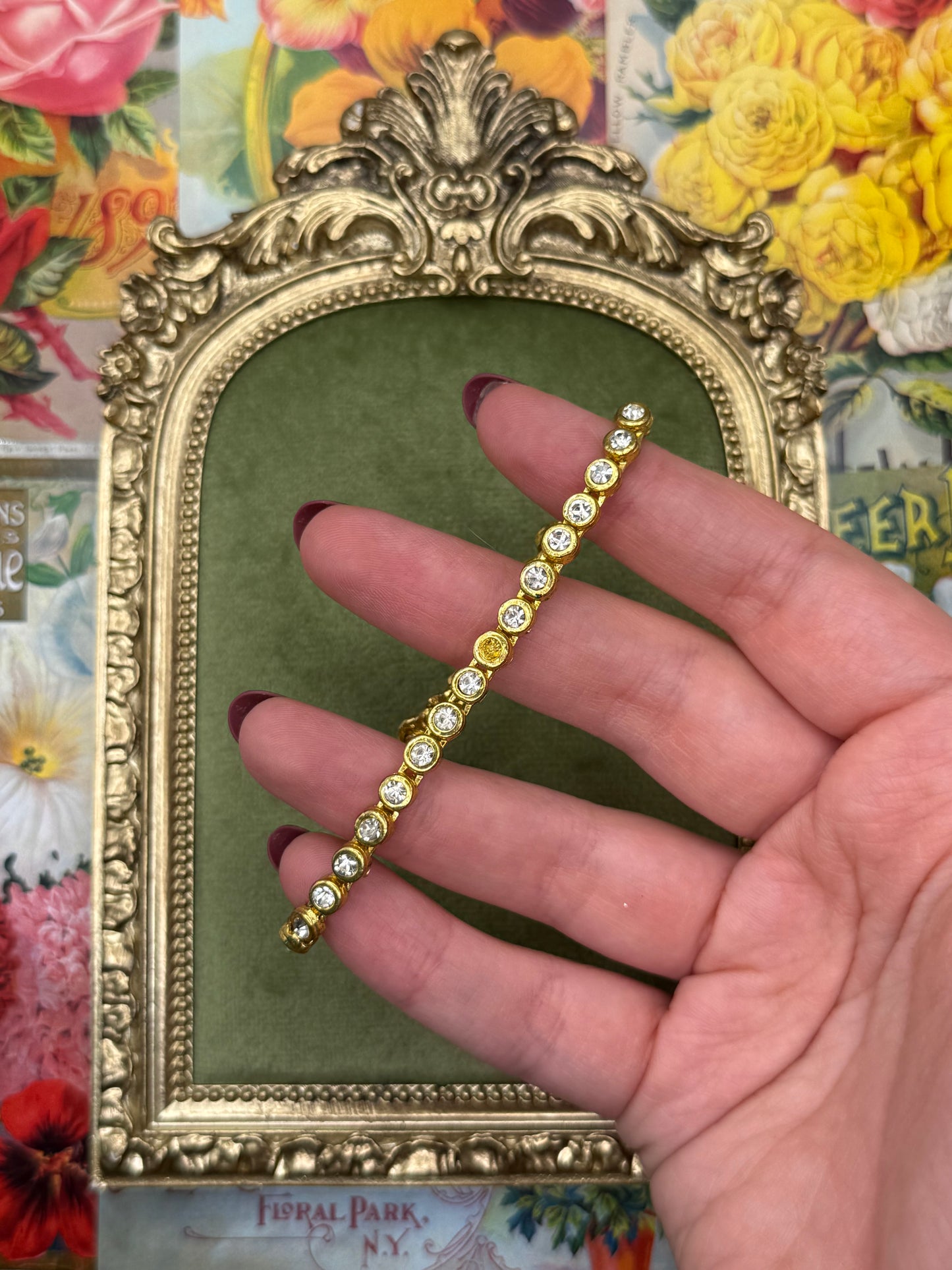 Vintage Gold Tone Dainty Tennis Bracelet - 1 Missing Stone 7”
