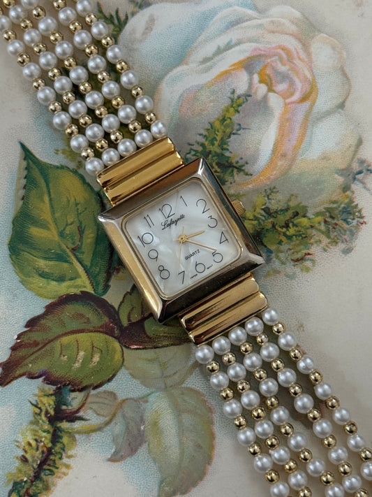 lafayette gold tone vintage pearl band watch