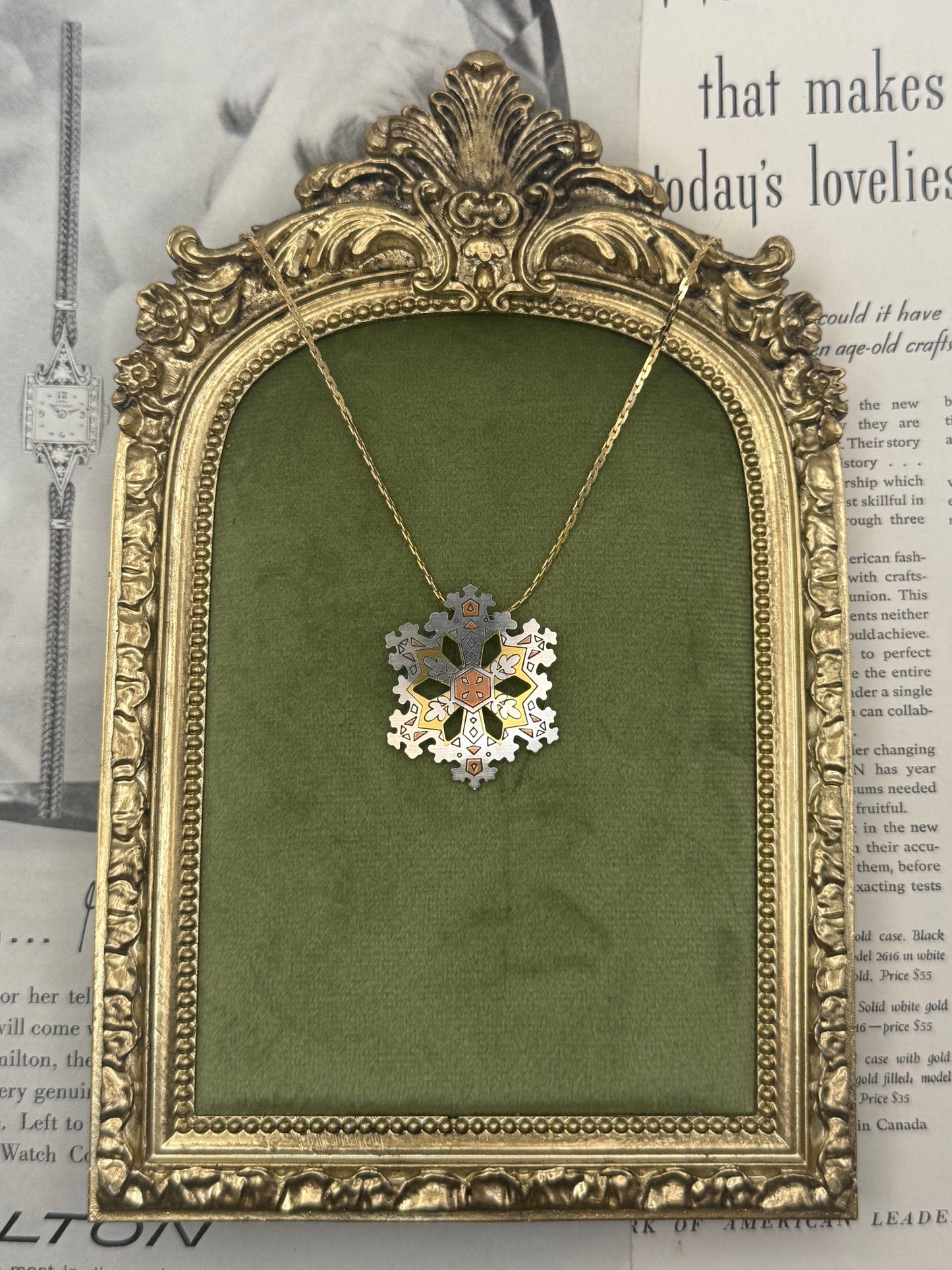Vintage Two Tone Damascene Snowflake Necklace