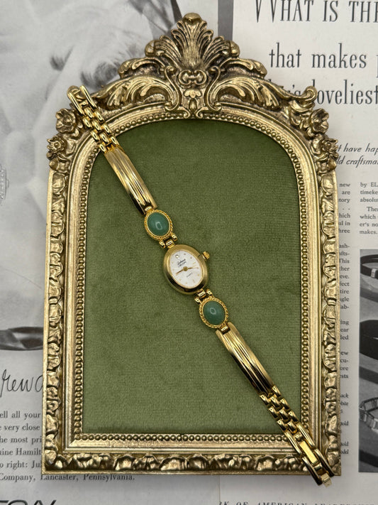 Working Vintage Gold Tone Green Stone Watch