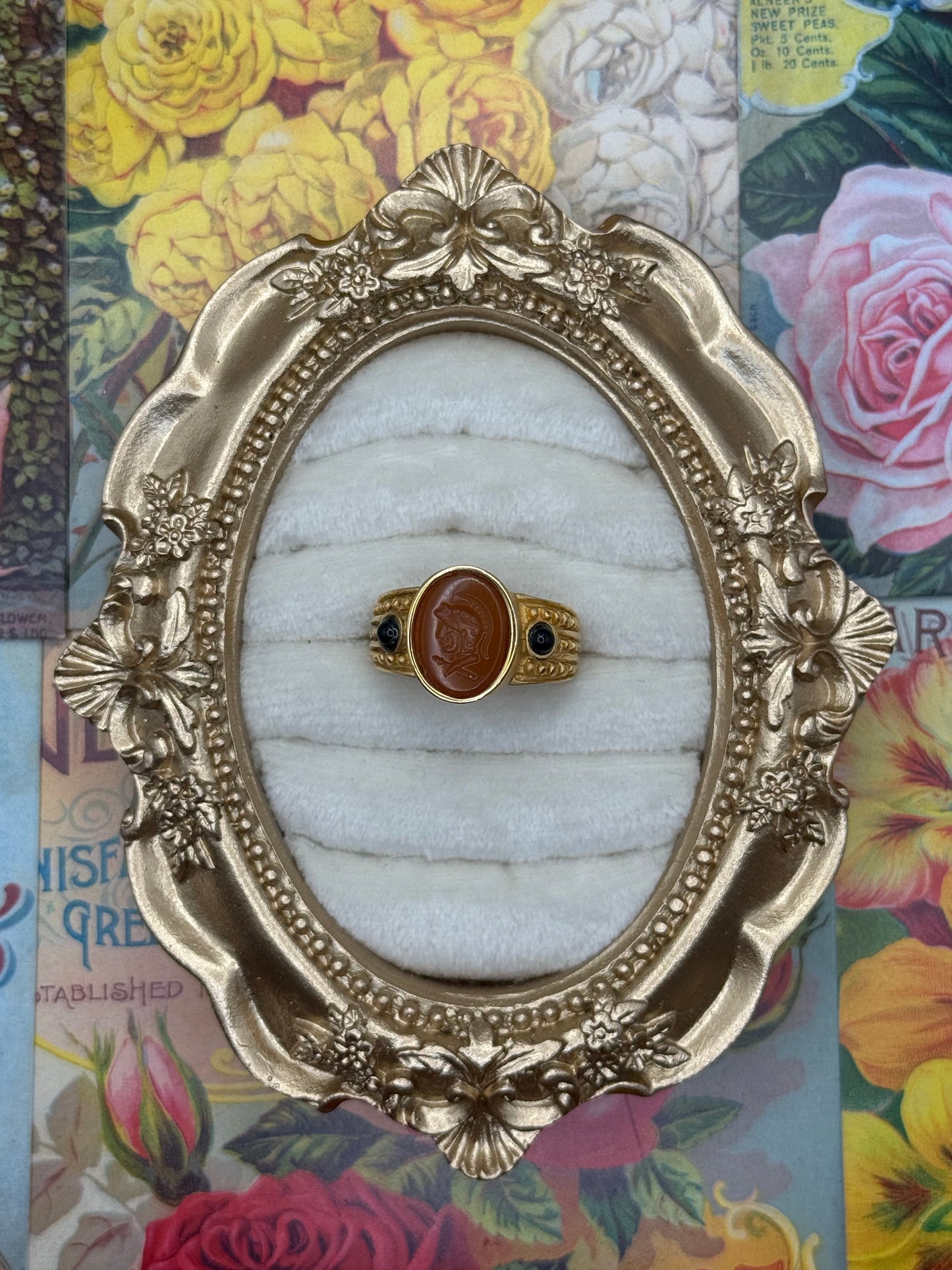 Vintage Gold Tone Intaglio Ring Size 7.5