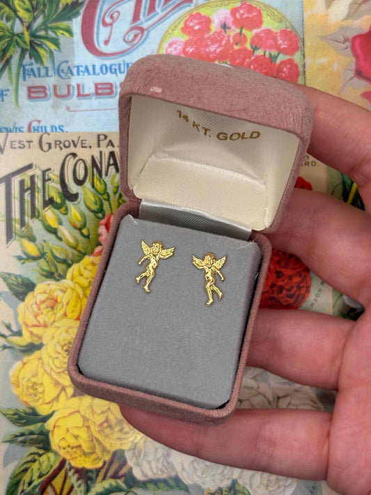 14k Gold Thin Cherub Stud Earrings 1/2”