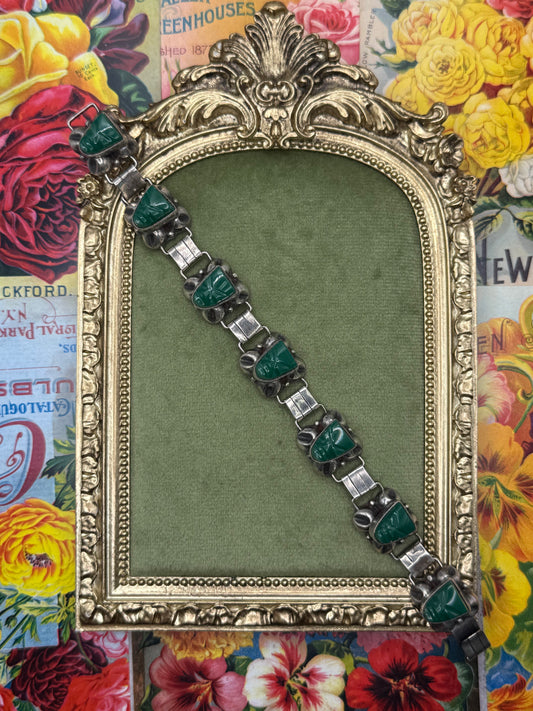 Vintage Sterling Silver Mexico Green Onyx Bracelet 7”