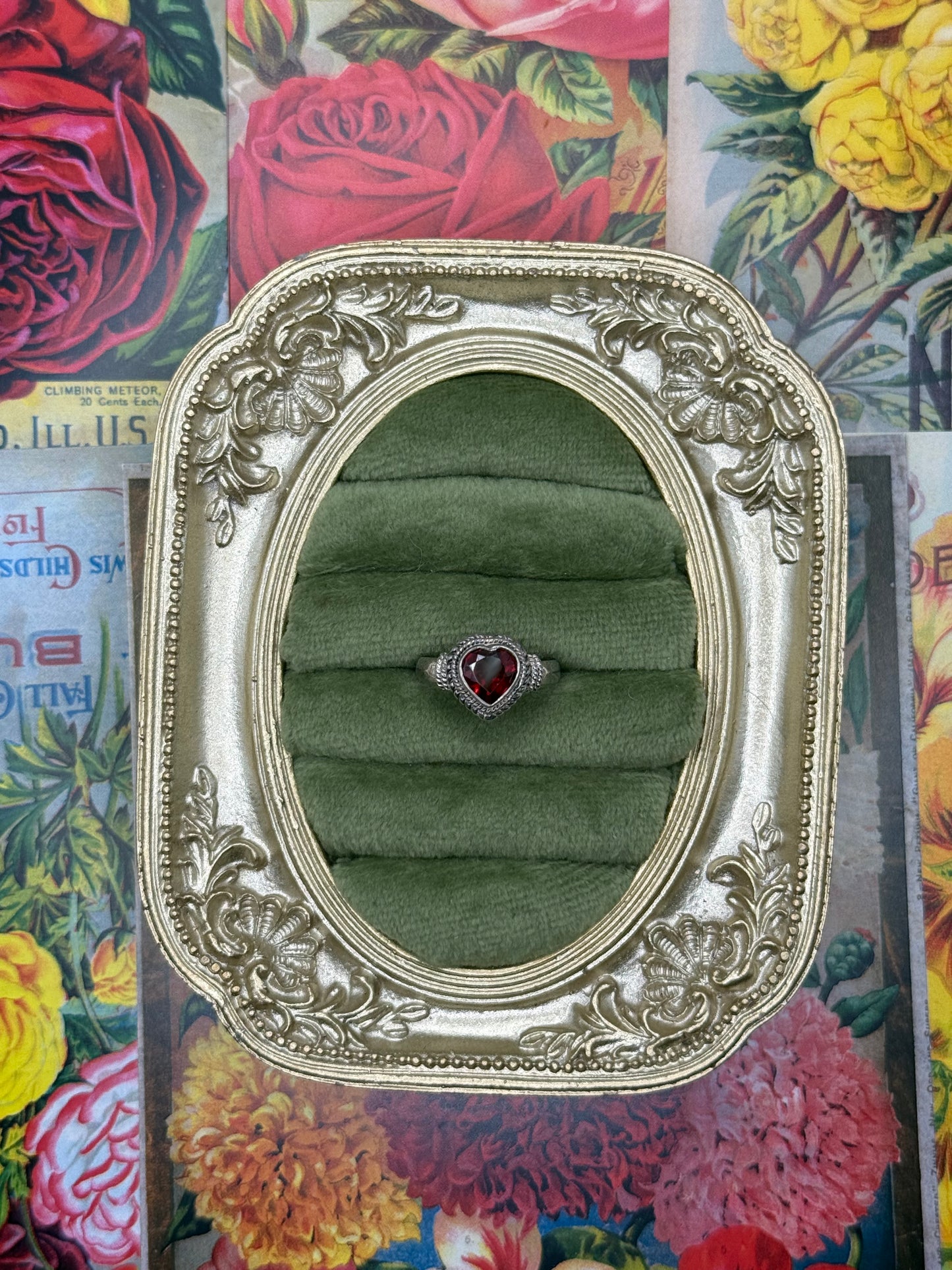 Vintage Sterling Silver Red Heart Bezel Ring Size 5.75