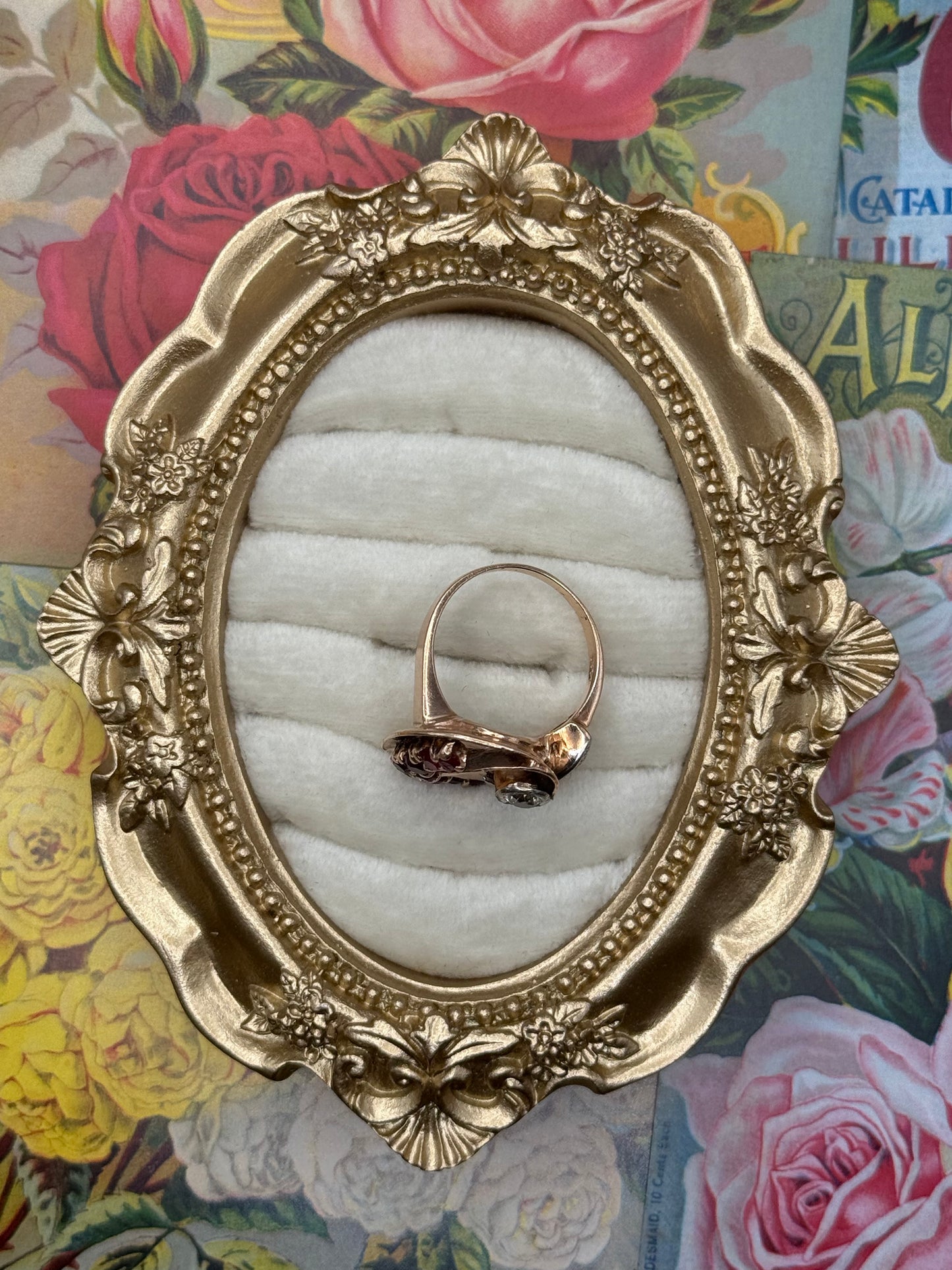 14k Solid Rose Gold Natural Diamond & Ruby Ring Size 8.25