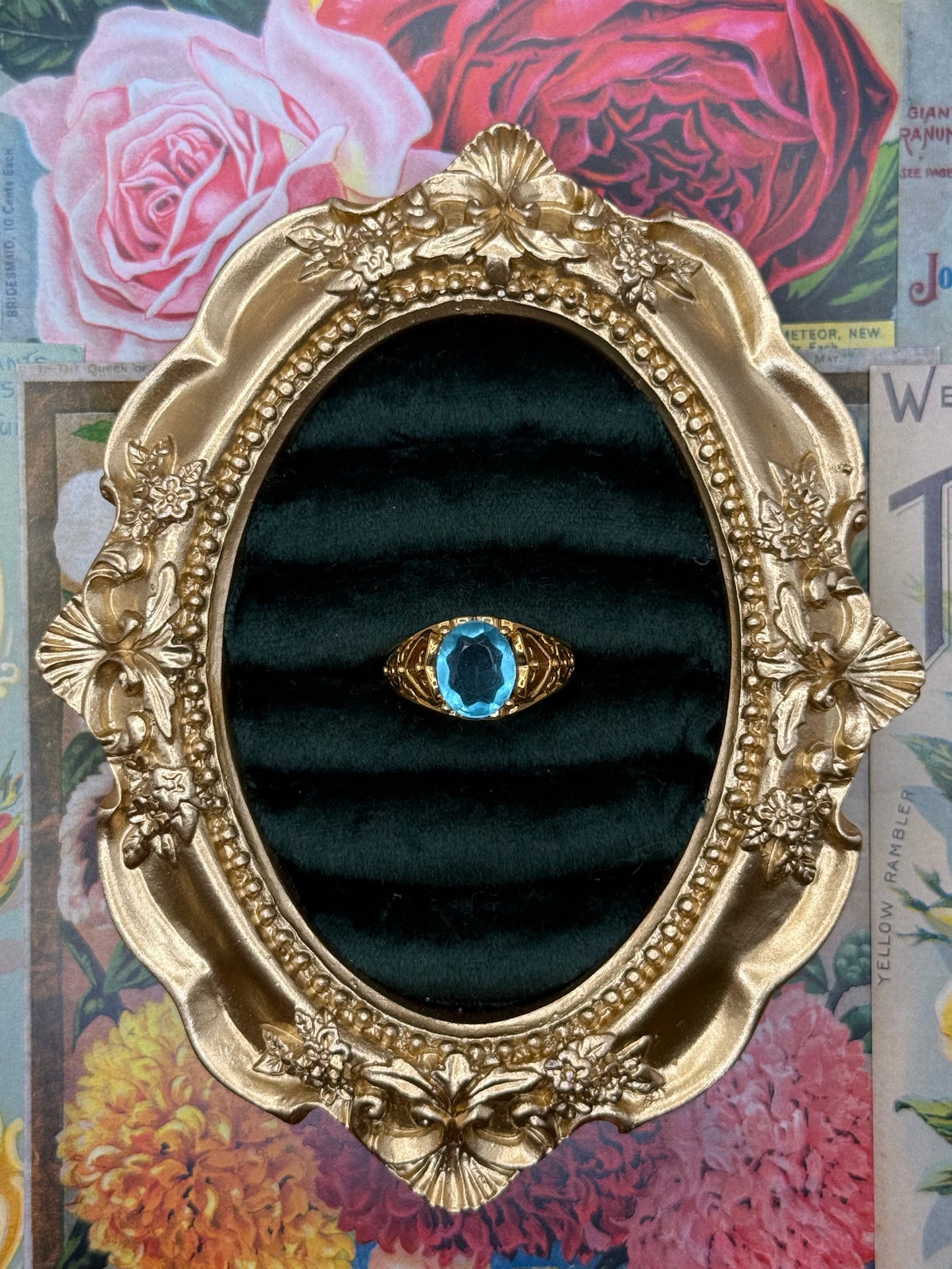 Vintage Gold Tone Blue Stone Ring Size 6.75