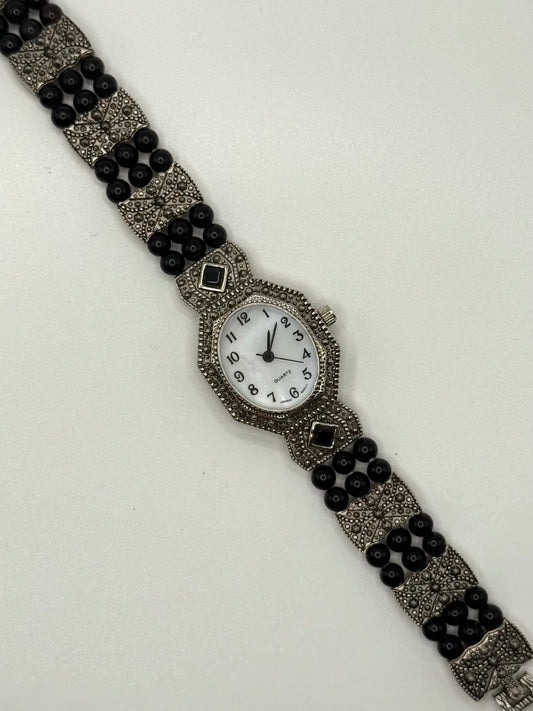 nonworking silver tone onyx beaded watch