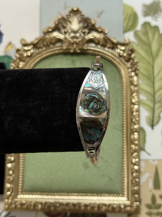 Vintage Silver Tone Abalone Cuff Bangle Bracelet